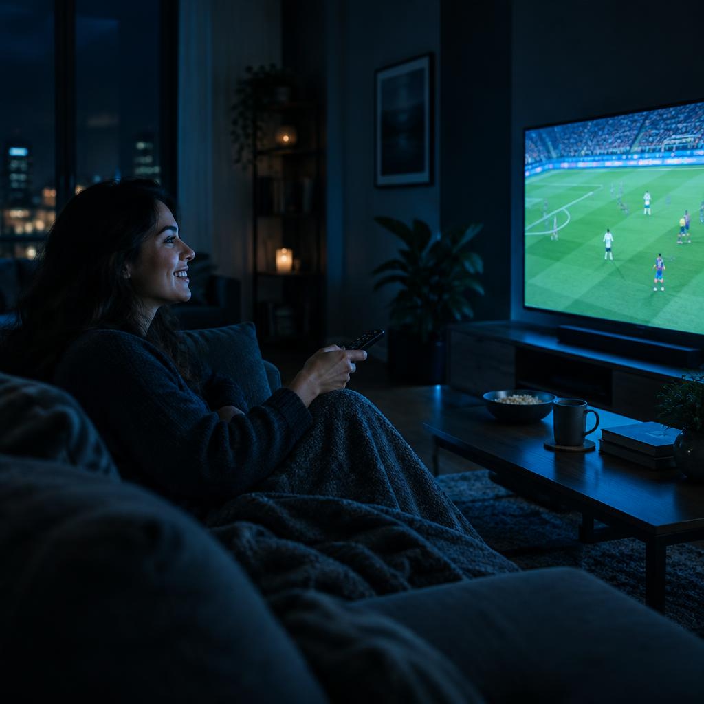 Cliente viendo un partido en su televisor de noche