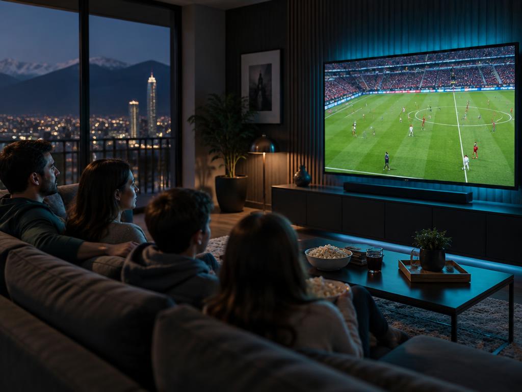 Familia disfrutando un partido de fútbol en televisión